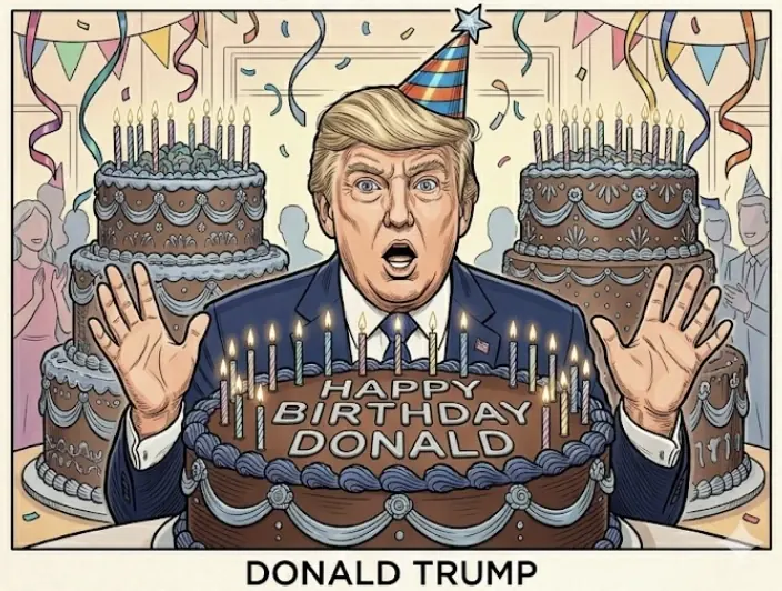 Cartoon of Donald Trump celebrating a birthday