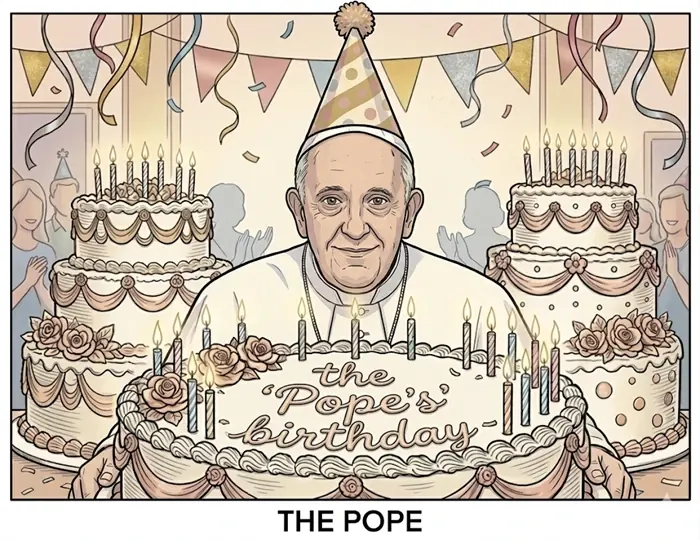 Cartoon of Pope Leo XIV celebrating a birthday