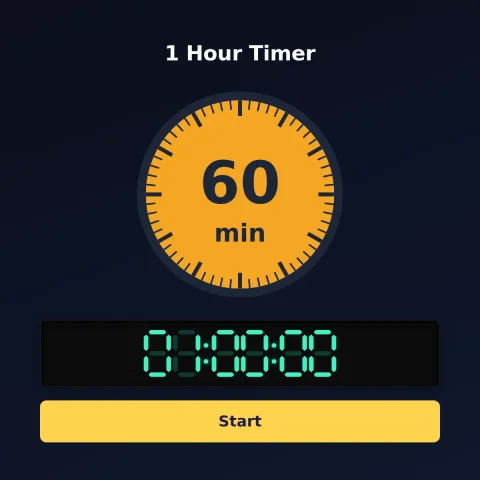 The time-and-space.science 1-hour timer: an analog dial with 60 minutes shaded orange, the digital read-out and a Start button