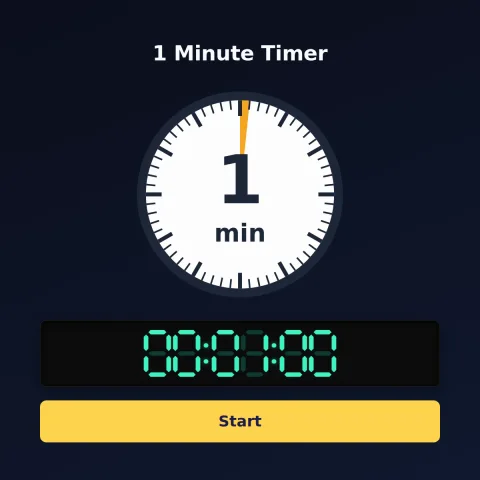 The time-and-space.science 1-minute timer: an analog dial with 1 minute shaded orange, the digital read-out and a Start button