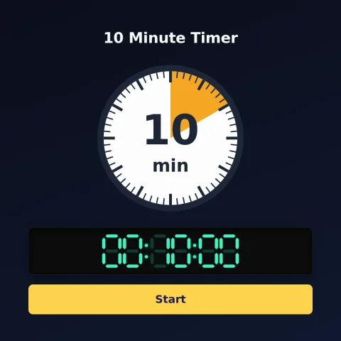 The time-and-space.science 10-minute timer: an analog dial with 10 minutes shaded orange, the digital read-out and a Start button