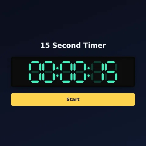 The time-and-space.science 15-second timer: the digital read-out showing 15 seconds and a Start button