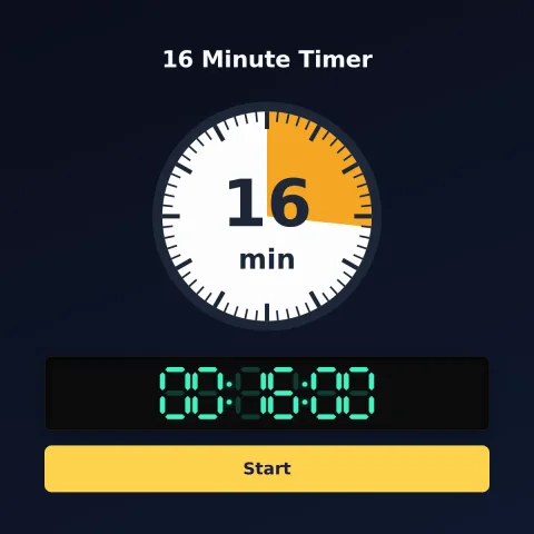 The time-and-space.science 16-minute timer: an analog dial with 16 minutes shaded orange, the digital read-out and a Start button