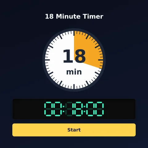 The time-and-space.science 18-minute timer: an analog dial with 18 minutes shaded orange, the digital read-out and a Start button
