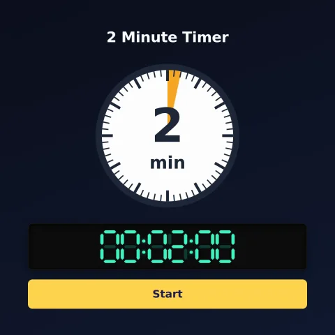 The time-and-space.science 2-minute timer: an analog dial with 2 minutes shaded orange, the digital read-out and a Start button