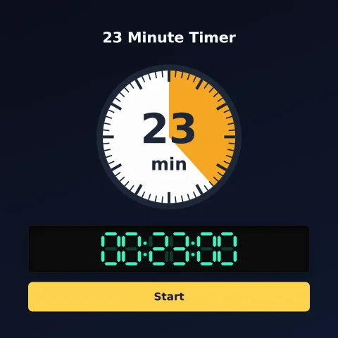 The time-and-space.science 23-minute timer: an analog dial with 23 minutes shaded orange, the digital read-out and a Start button