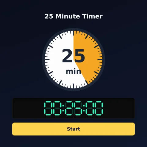 The time-and-space.science 25-minute timer: an analog dial with 25 minutes shaded orange, the digital read-out and a Start button
