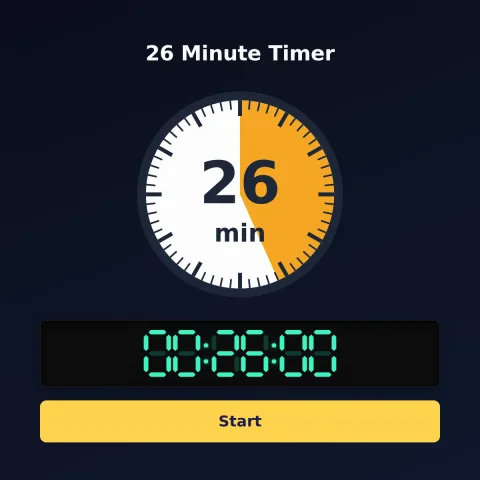 The time-and-space.science 26-minute timer: an analog dial with 26 minutes shaded orange, the digital read-out and a Start button