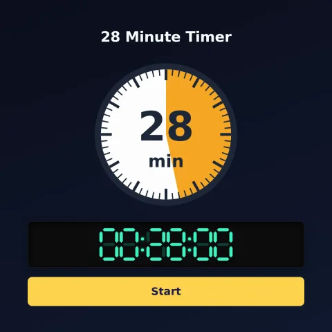 The time-and-space.science 28-minute timer: an analog dial with 28 minutes shaded orange, the digital read-out and a Start button