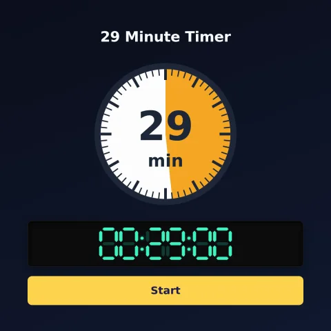 The time-and-space.science 29-minute timer: an analog dial with 29 minutes shaded orange, the digital read-out and a Start button