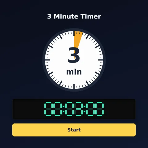 The time-and-space.science 3-minute timer: an analog dial with 3 minutes shaded orange, the digital read-out and a Start button