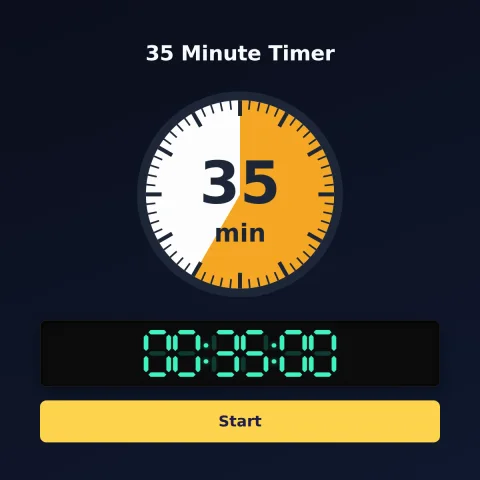 The time-and-space.science 35-minute timer: an analog dial with 35 minutes shaded orange, the digital read-out and a Start button