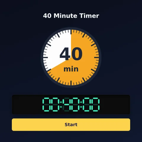 The time-and-space.science 40-minute timer: an analog dial with 40 minutes shaded orange, the digital read-out and a Start button