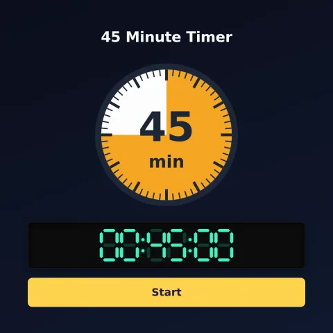 The time-and-space.science 45-minute timer: an analog dial with 45 minutes shaded orange, the digital read-out and a Start button