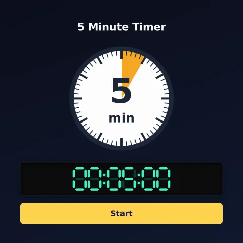 The time-and-space.science 5-minute timer: an analog dial with 5 minutes shaded orange, the digital read-out and a Start button