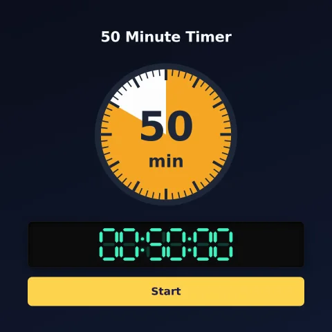 The time-and-space.science 50-minute timer: an analog dial with 50 minutes shaded orange, the digital read-out and a Start button