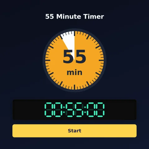 The time-and-space.science 55-minute timer: an analog dial with 55 minutes shaded orange, the digital read-out and a Start button