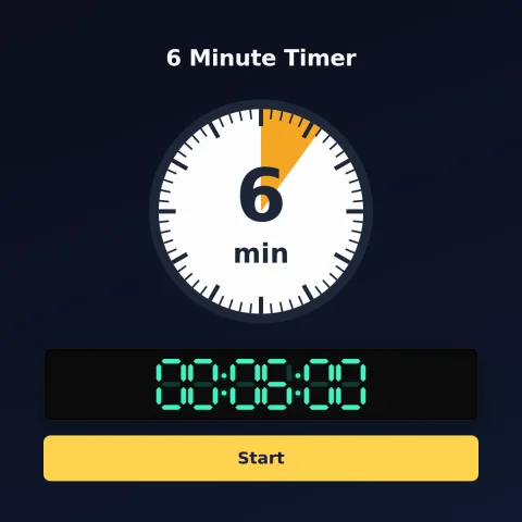The time-and-space.science 6-minute timer: an analog dial with 6 minutes shaded orange, the digital read-out and a Start button