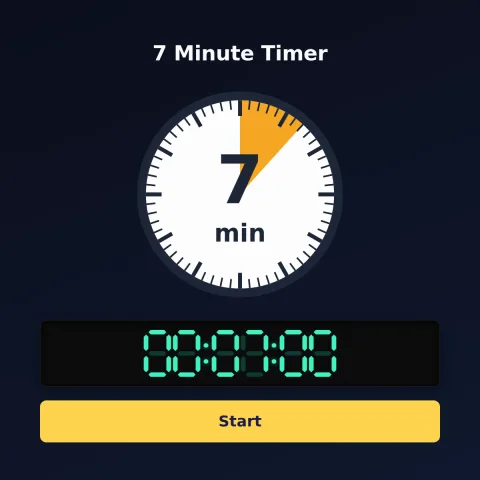 The time-and-space.science 7-minute timer: an analog dial with 7 minutes shaded orange, the digital read-out and a Start button