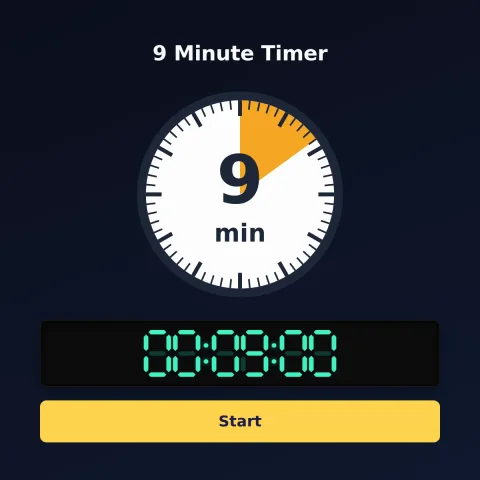 The time-and-space.science 9-minute timer: an analog dial with 9 minutes shaded orange, the digital read-out and a Start button