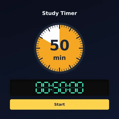 The time-and-space.science 50-minute timer: an analog dial with 50 minutes shaded orange, the digital read-out and a Start button